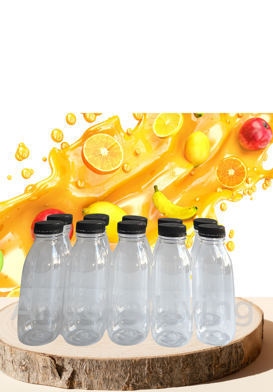 Empty Clear Plastic Juice Bottles Food Grade Drinking Reusable Pet Bottle Recyclable Drink Bulk Containers Leak-Proof Lids for Juice, Water, Milk & Beverages / Black Lid - Pack of 10 X 300ml  
By Packware in Kitchen & Dining